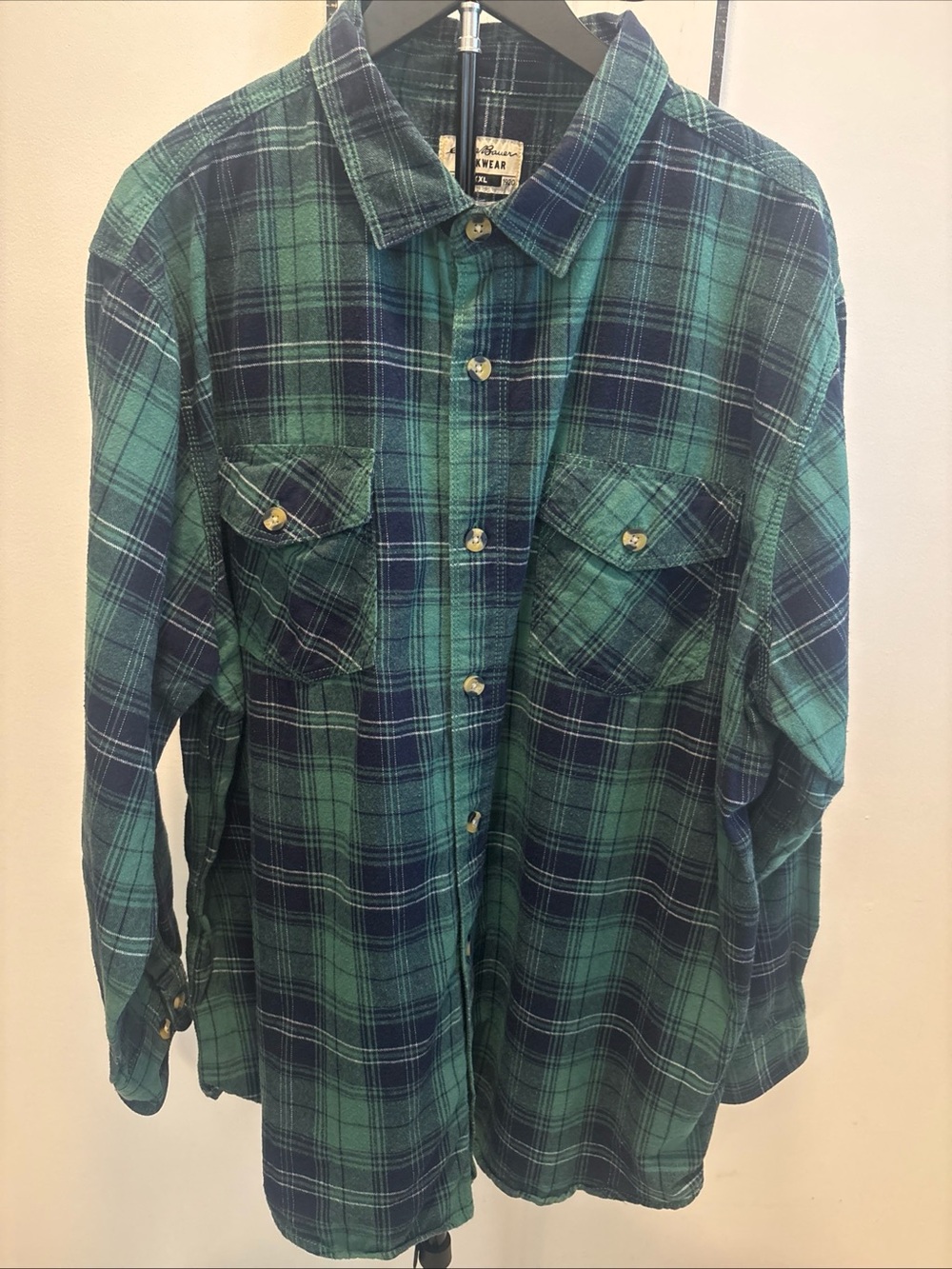 Eddie Bauer Workwear Foreman Fit Flannel Shirt XXL Green Navy Blue Plaid